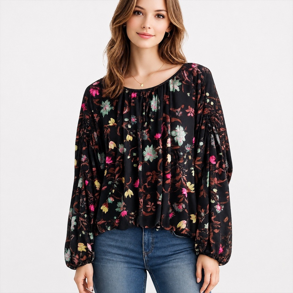 Free People Womens Black Floral Mesh Blouse Ruched Sleeve Blouson Top Size M